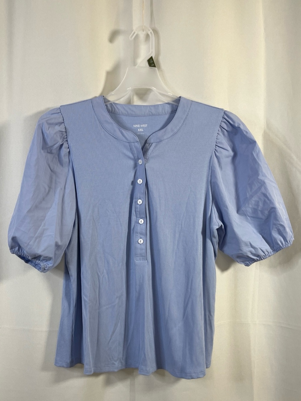 Nine West Womens Front Button Rib Henley Top Blouse Blue Puff Short Sleeve XXL